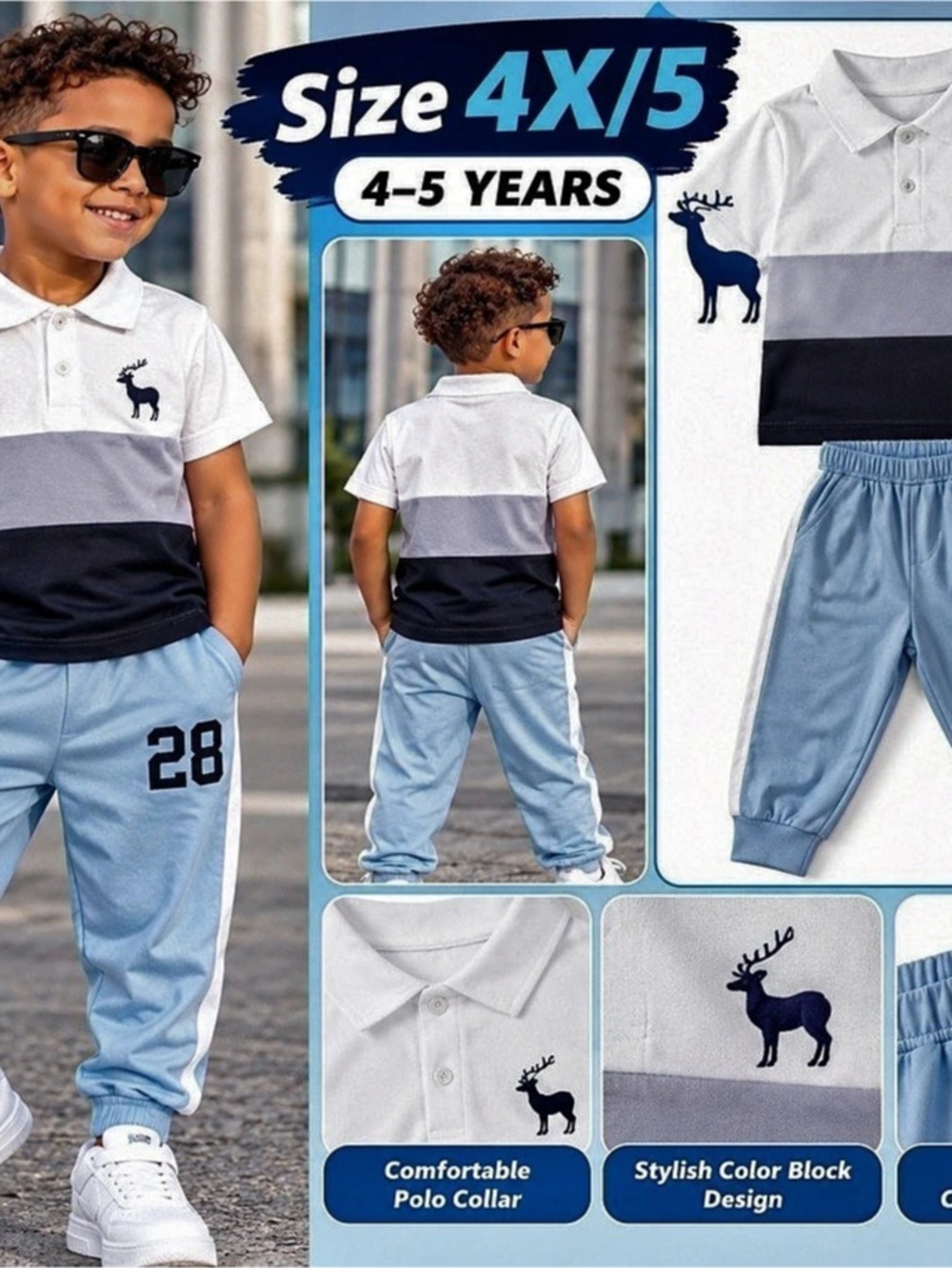 Boys Color Block Set in Blue & White Size 4-5